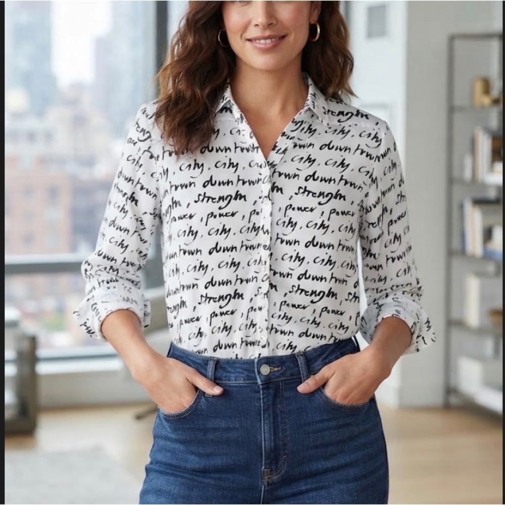 New York & Company Black White Script Print Button Down Blouse Women M
